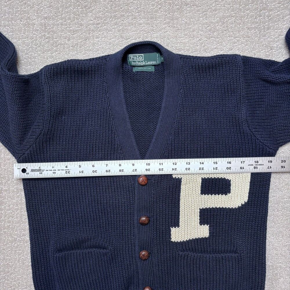 VTG 90s Polo Ralph Lauren Navy Varsity Letterman Cardigan Sweater Men's S Cotton - Picture 6 of 8